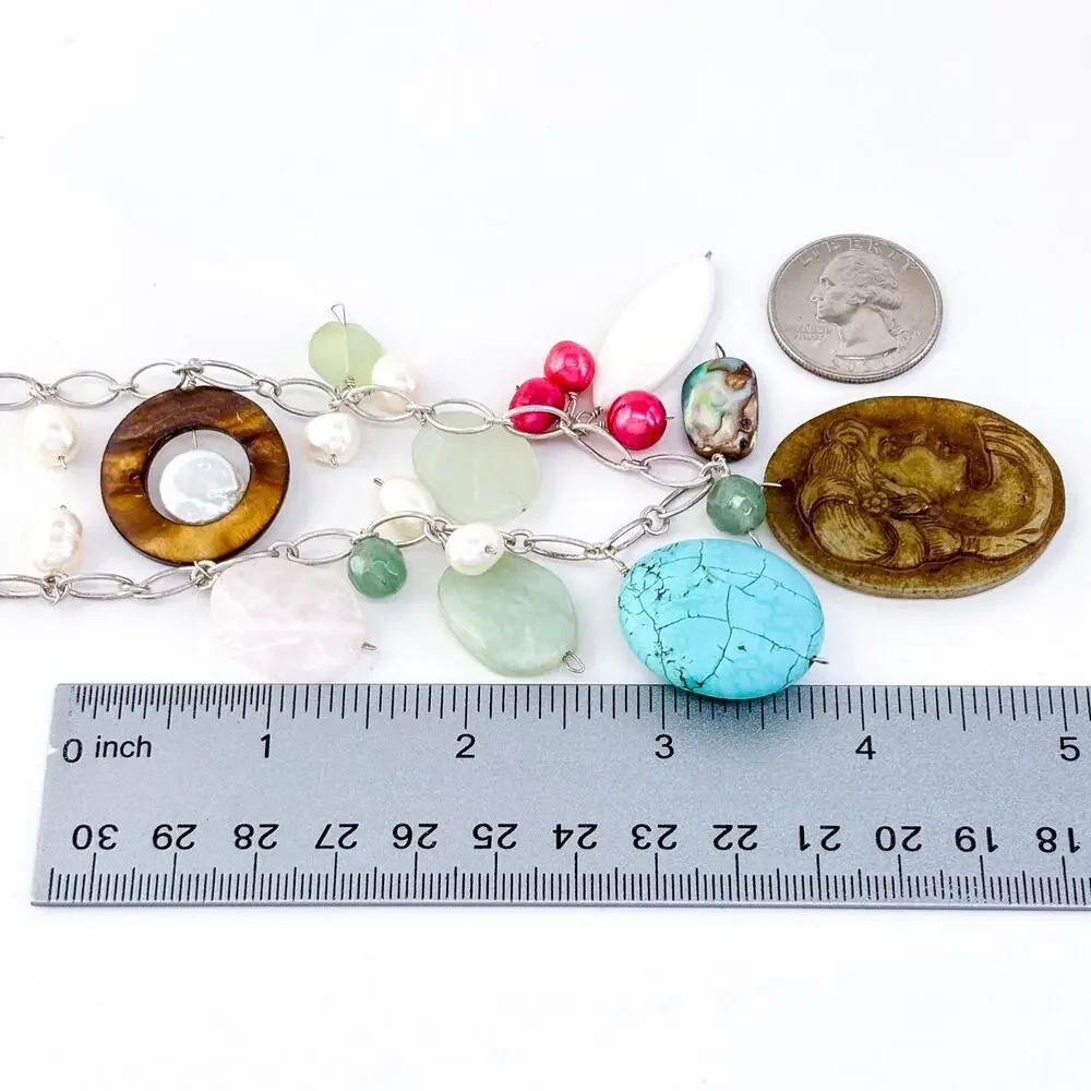 Vintage Sterling Silver 925 Turquoise Pearl Cameo Charm Necklace 17”-19”